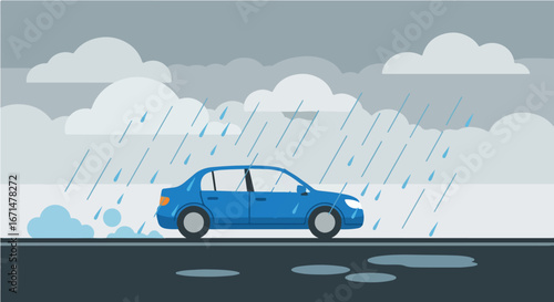 Blue car driving in heavy rain on a wet highway. Concept of dangerous weather conditions, road safety, and risk of hydroplaning