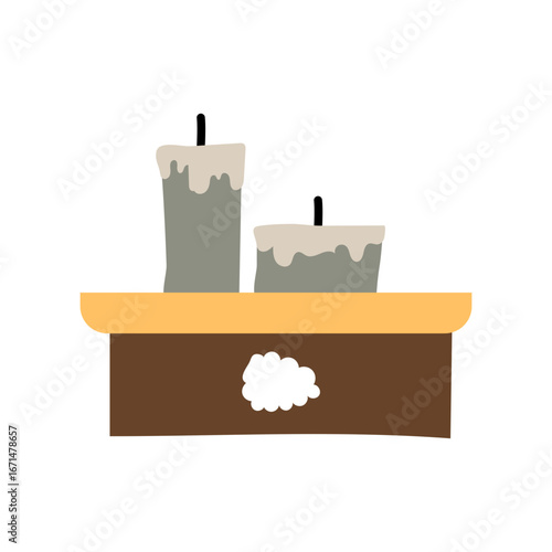 Flat Illustration Two Grey Candle on a Brown Fireplace with White Cloud