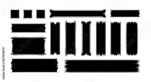 I need a detailed description, 6 to 180 characters, no keyword lists.     *   "Set of black distressed tape pieces and labels with rough edges"     *   "Coll...