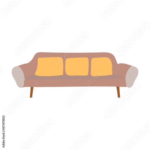 Flat Design Comfortable Brown Sofa with Yellow Cushion Home Decoration Interior