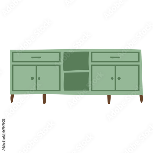 Minimalist Handdrawn Green Wooden TV Stand Cabinet Home Furniture