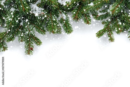 Frosted evergreen branches against white