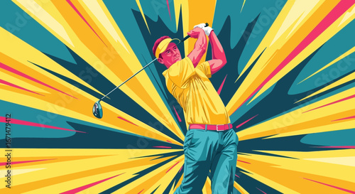 Vibrant pop art illustration of a male golfer executing a powerful swing against a dynamic, explosive background.
