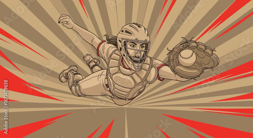 Dynamic comic-style illustration of a female softball catcher in full gear diving forward to catch a ball.