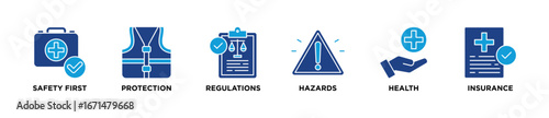 Work safety web banner icon vector illustration for occupational safety and health at work with safety first, protection, regulations, hazards, health, and insurance icon.