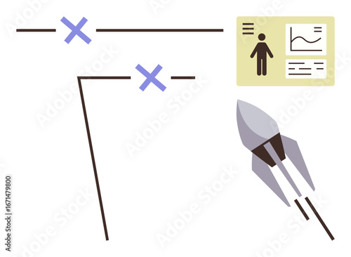 Rocket launching with trajectory lines, target markers, analytics card with charts and person figure. Ideal for planning, goal setting, analytics, strategy, innovation achievement growth. Simple