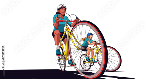 An illustration of a mother and daughter riding bicycles, with the child cleverly depicted inside the front wheel.