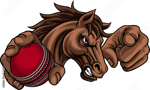 Horse mustang bronco stallion cricket angry sports team mascot holding a ball.