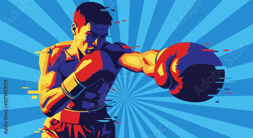 Dynamic graphic illustration of a boxer throwing a punch with a blue sunburst background.