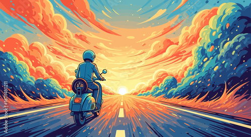 An illustration of a person riding a scooter down an open road towards a vibrant and colorful sunset.