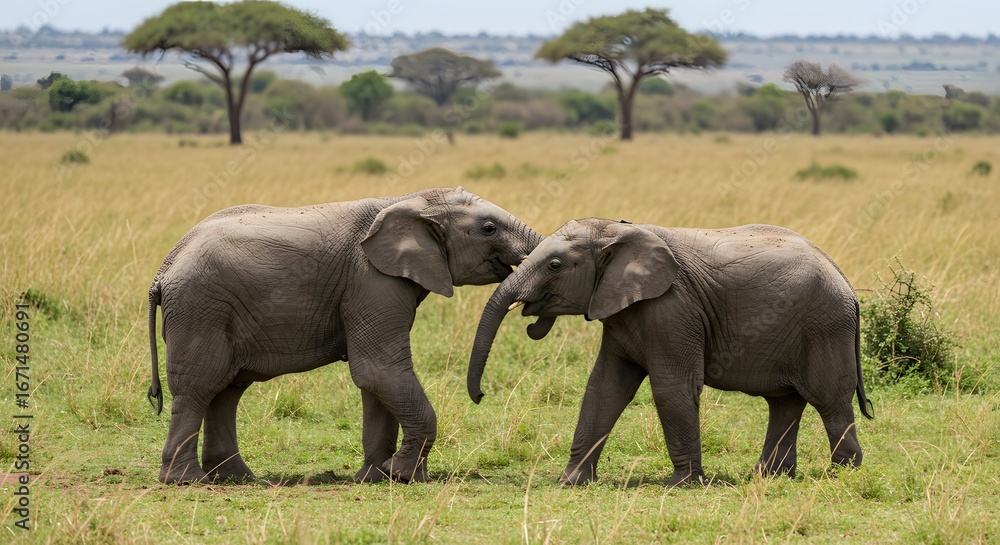 Fototapeta premium Two baby elephants interact