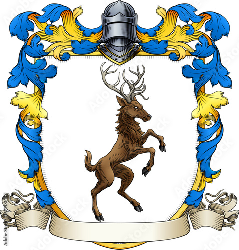 Male deer or stag hart coat of arms or crest family heraldry medieval heraldic knight shield. With helmet and acanthus filigree scroll ornament in a vintage woodcut style.