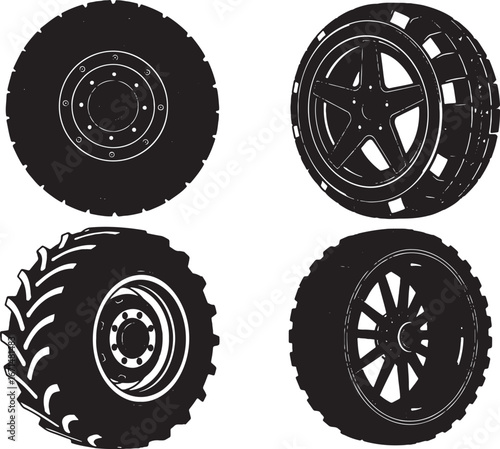Black silhouette set of car wheels and tires with rims