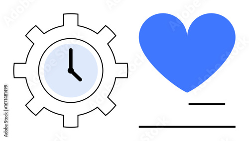 Gear with a clock symbolizing time management and efficiency paired with a blue heart for compassion and care. Ideal for healthcare, wellness, productivity, self-care, balance, teamwork