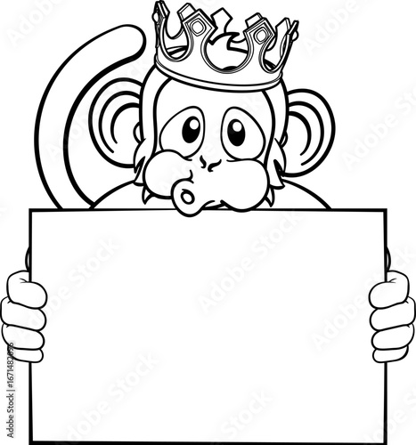 A monkey king cute happy cartoon character animal wearing a crown and holding a blank sign with copy-space