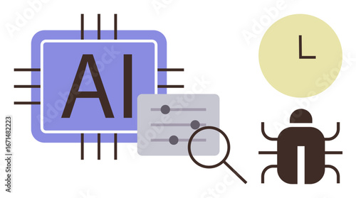 AI chip graphic with debugging beetle, sliders, magnifying glass, and clock icon. Ideal for artificial intelligence, automation, debugging, machine learning, efficiency time management