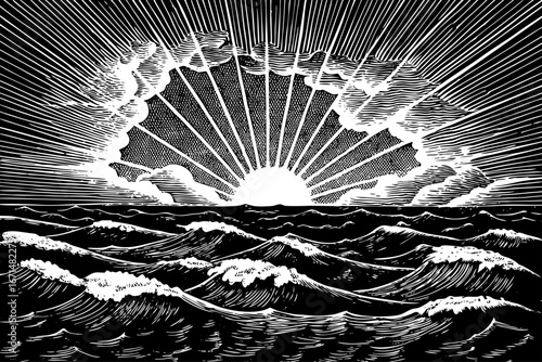 Sunset over rough stormy sea, glowing rays piercing through clouds, dramatic power of nature, atmospheric black and white sketch.