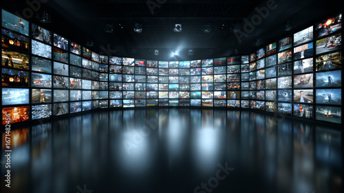 Video wall display representing modern television production technology