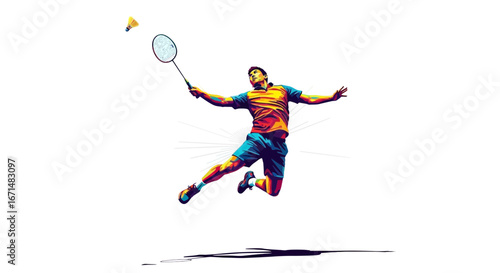 Dynamic illustration of a male badminton player jumping high in the air to smash a shuttlecock against a white background.