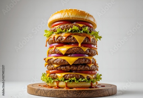 Burger on white background. hamburger. Yummy fast food concept. Fresh homemade grilled burger with meat patty. Juicy burger.  Burger tower. Hamburger tower. Giant burger. Big burger.