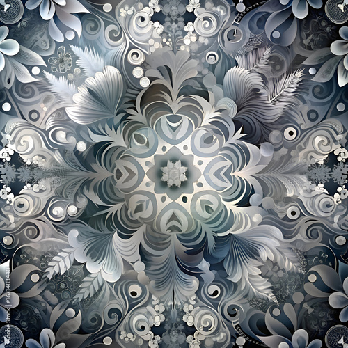 Abstract Floral Mandala Design in Grey Tones