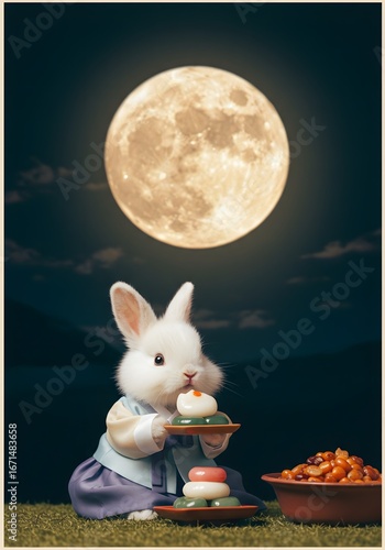 Chuseok, the autumn holiday, concept: a rabbit wearing a hanbok with a full moon background
