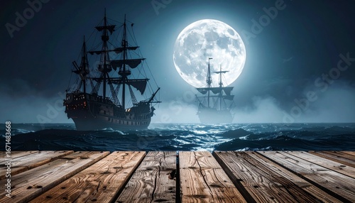 Two sailing ships navigate a dark, choppy sea under the light of a large, bright full moon, viewed from a wooden deck.