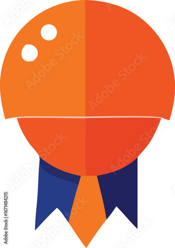 Stylized orange character with blue and orange ribbon award medal symbolizing achievement recognition and success