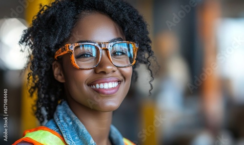 Happy Black African American female construction worker in a professional portrait. The image emphasizes the importance of diversity in skilled trades and promotes women, Generative AI