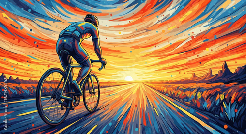 Dynamic illustration of a cyclist racing on an open road towards a colorful, expressive sunset.
