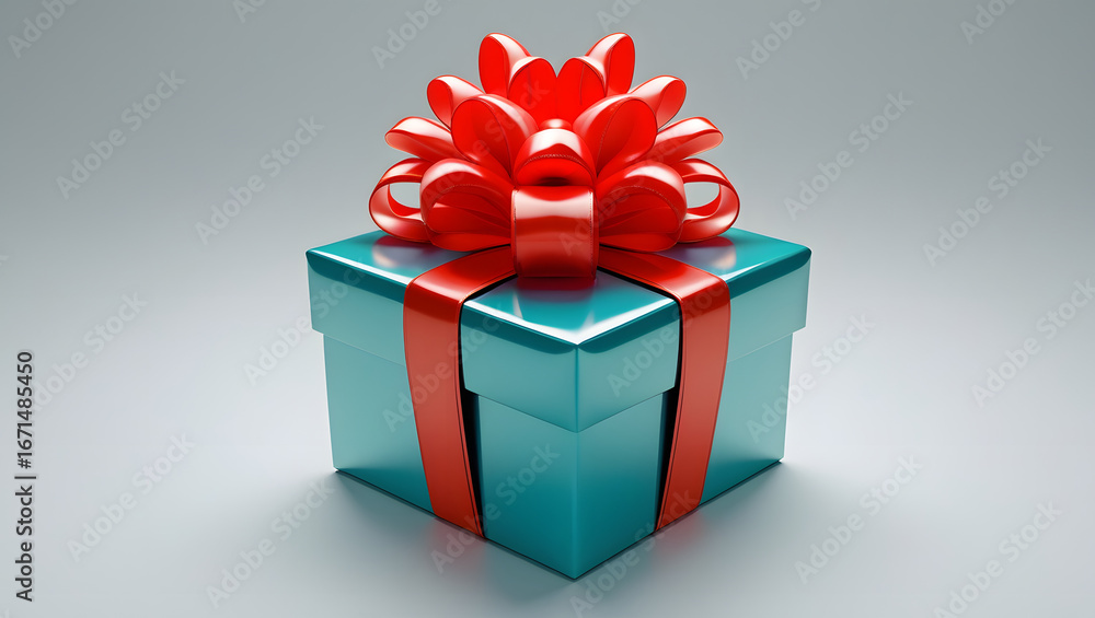 Fototapeta premium Teal gift box with a vibrant red ribbon bow, a festive and celebratory present.