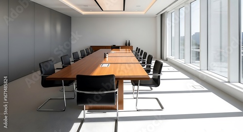  Bright, empty, modern boardroom with a long table and large windows letting in natural daylight. Wide-angle shot creates an expansive, clean space for text