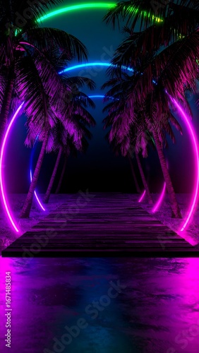 Neon Rings Tropical Beach Night Walkway