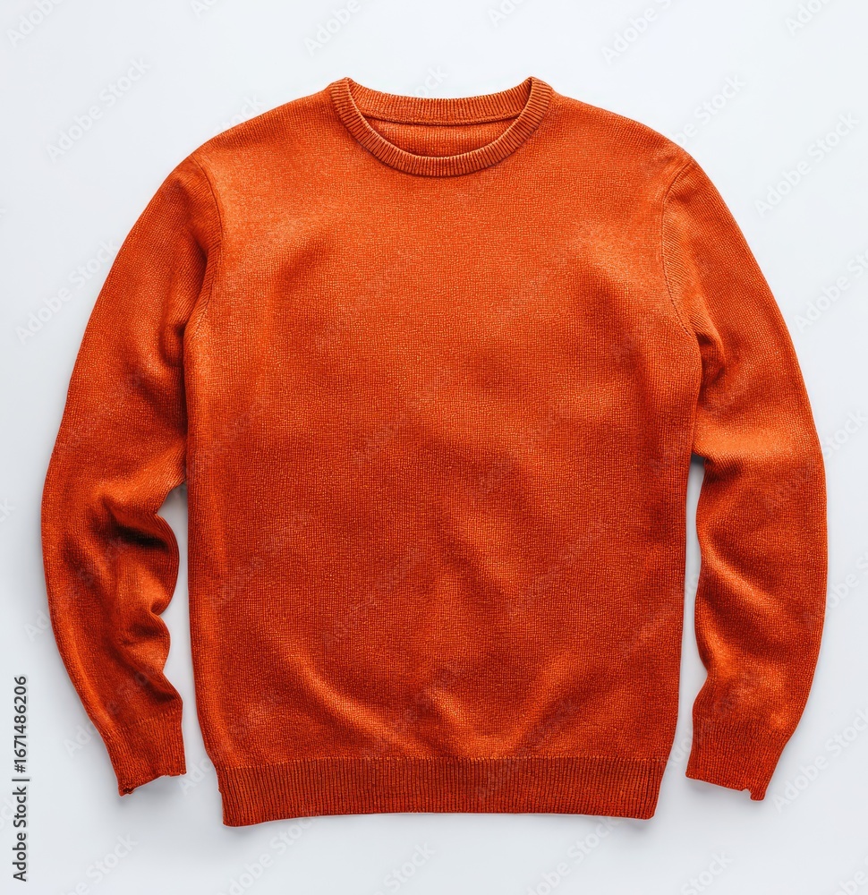 Fototapeta premium Orange crew-neck sweater, laid flat on a white surface
