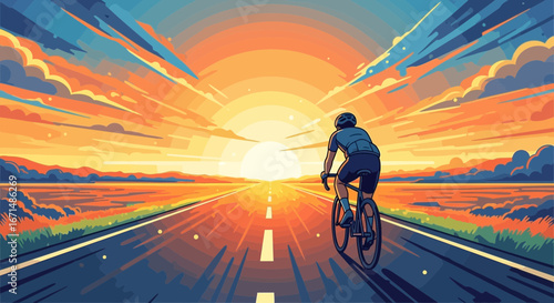 A lone cyclist rides on a long, straight road, pedaling towards the vibrant horizon of a spectacular sunrise.