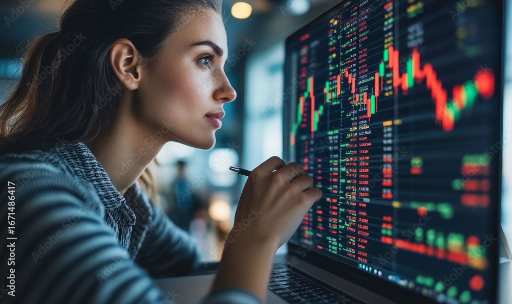 Fototapeta premium Candid young female investor analysing stock market investments and data trends on her laptop while working from home. The image highlights the growing role of women in finance, Generative AI