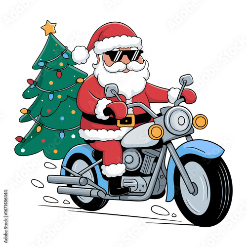 Santa Claus riding a motorcycle with a Christmas tree in tow. Fun holiday character design. Christmas concept. Vector illustration for greeting card, poster, banner
