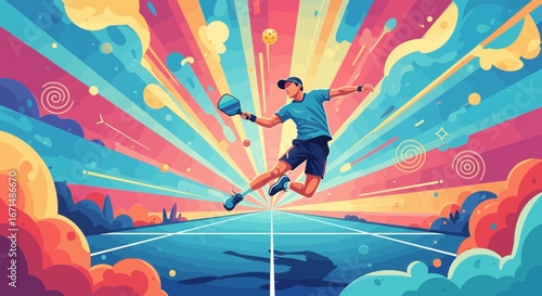 An energetic, stylized illustration of a male athlete in mid-air, playing pickleball against a vibrant, colorful, abstract background.