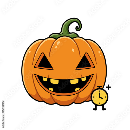 Spooky jack o lantern pumpkin with clock