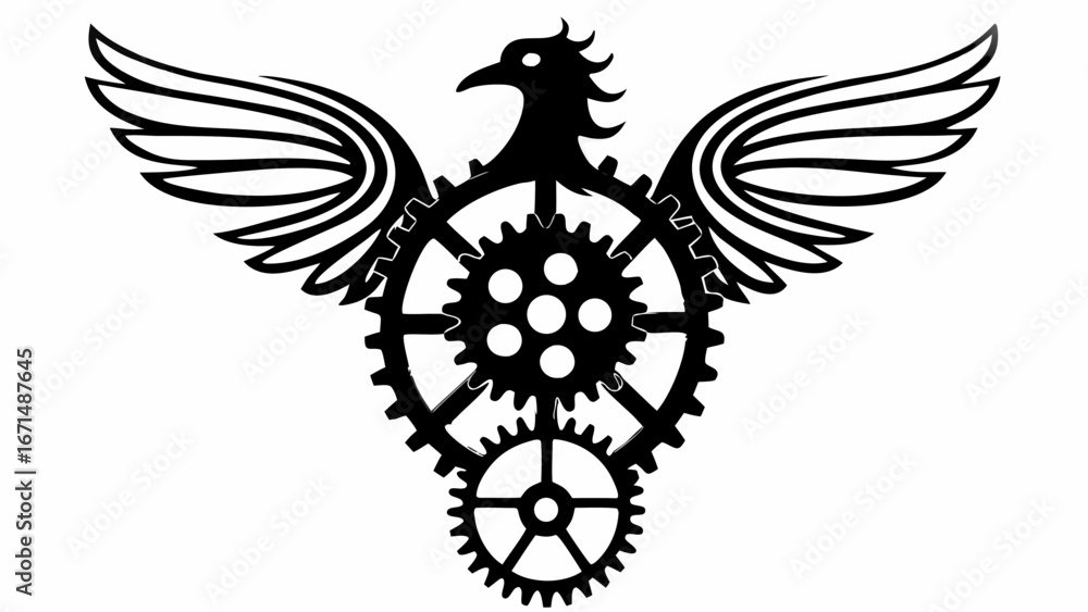 Fototapeta premium Black and white drawing of a bird with mechanical gears and wings in a detailed illustration silhouette