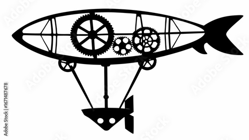 Silhouette of an airship with visible gears and a fish shaped body in black and white design style