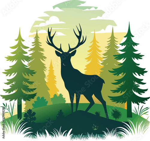 Silhouette of Deer in Forest Clearing