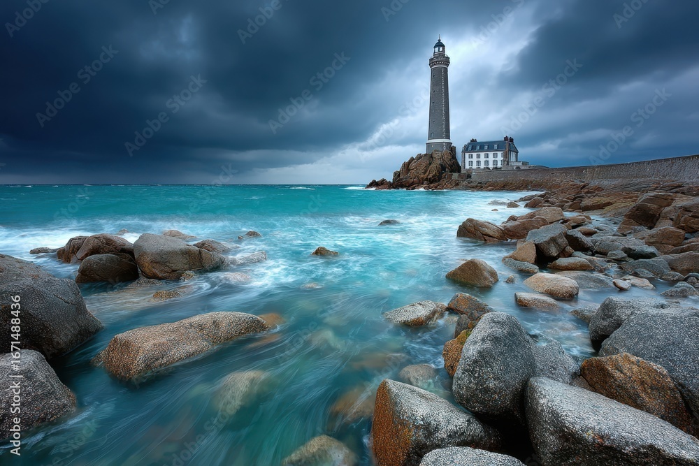 Obraz premium Lighthouse on rocky coast with turquoise waves under stormy sky