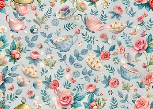 Elegant Floral Pattern with Teacups. Watercolor Roses and Vintage Teaware