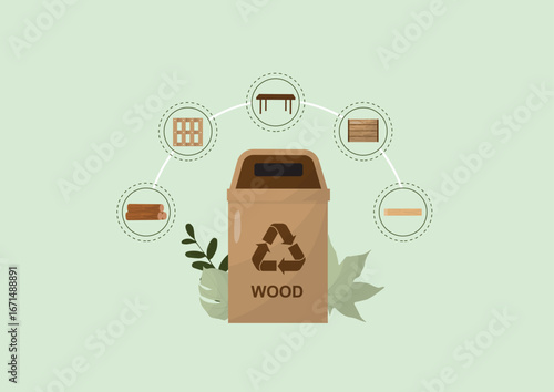 Wood Waste Sorting Categories. Wood recycling bin surrounded by circular icons showing different wooden materials and furniture types for waste sorting. Wood waste concept. Vector illustration