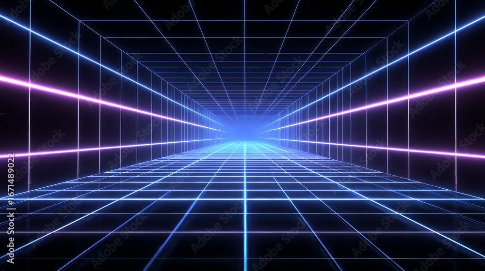Fototapeta premium Abstract neon grid glowing perspective depth