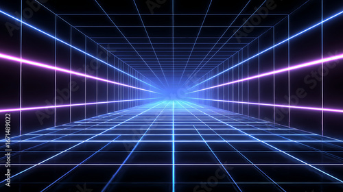 Abstract neon grid glowing perspective depth