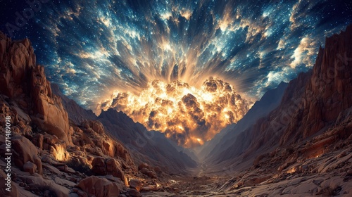 Epic cosmic explosion over dramatic fantasy landscape with starry sky and rocky mountains