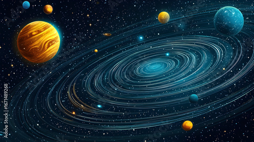 Planets orbit galaxy in space illustration