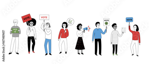 Vector illustration of diverse people holding vote signs, ballots and megaphones, minimalistic flat design on white background.